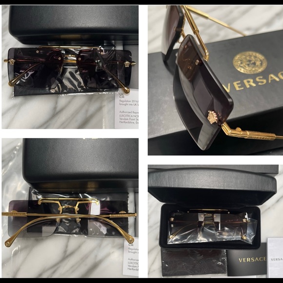 VERSACE CONTEMPORARY RIMLESS GOLD MEDUSA DETAILING / GREY RECTANGLE SUNGLASSES main image 15